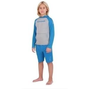 Dakine Rash Guard Swim Set Boys M 10/12 Blue Gray NEW 2-Piece 30+ UPF Hooded